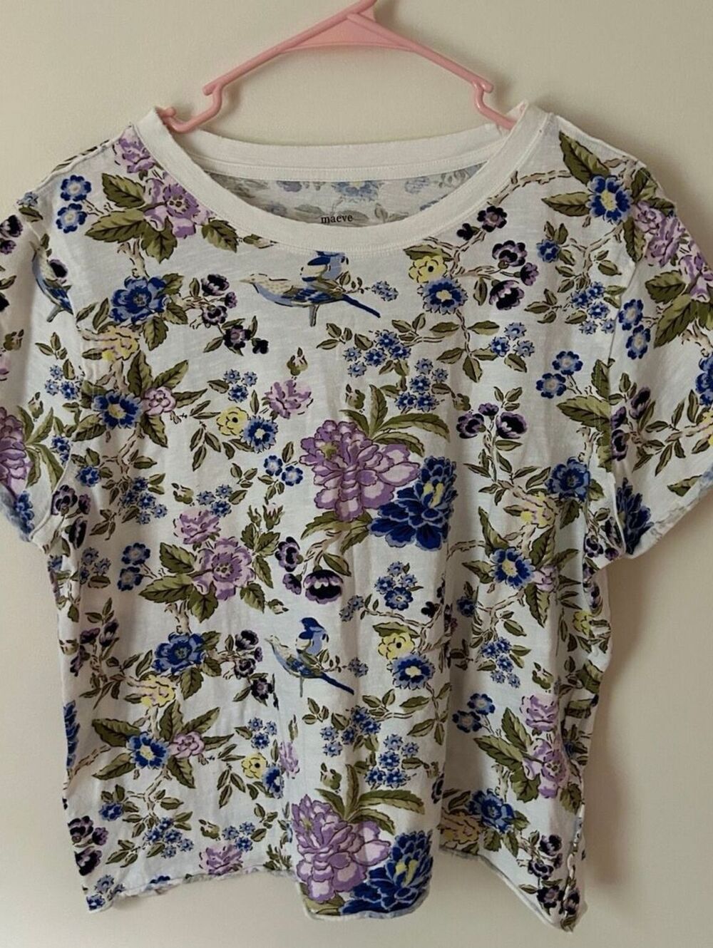 Anthropologie Maeve Floral Bird Print Cotton T-Shirt Size Large